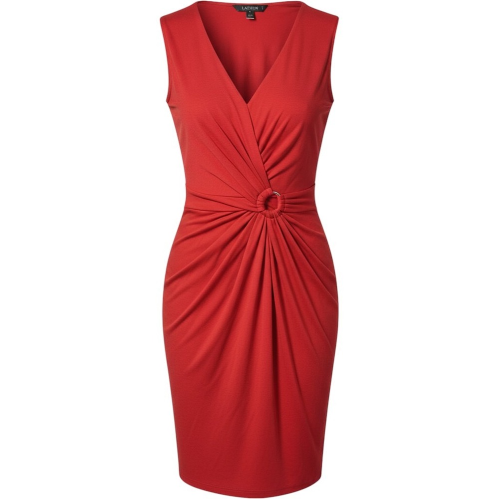 Lauren Ralph Lauren Red Faux Wrap O-Ring Sheath Dress Size 14 Sleeveless V-Neck